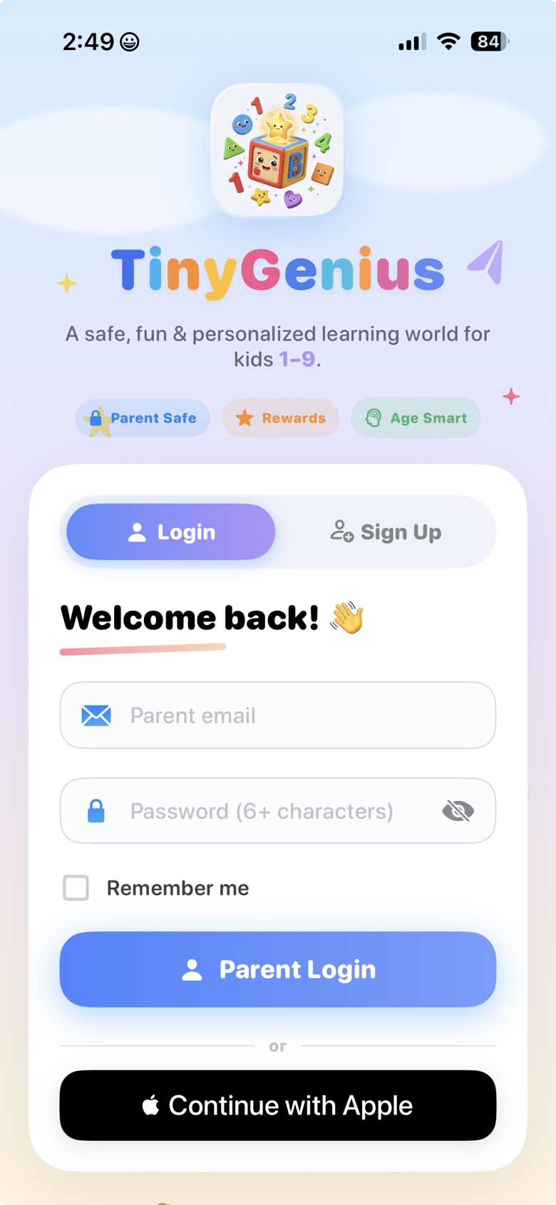 Parent login and sign up